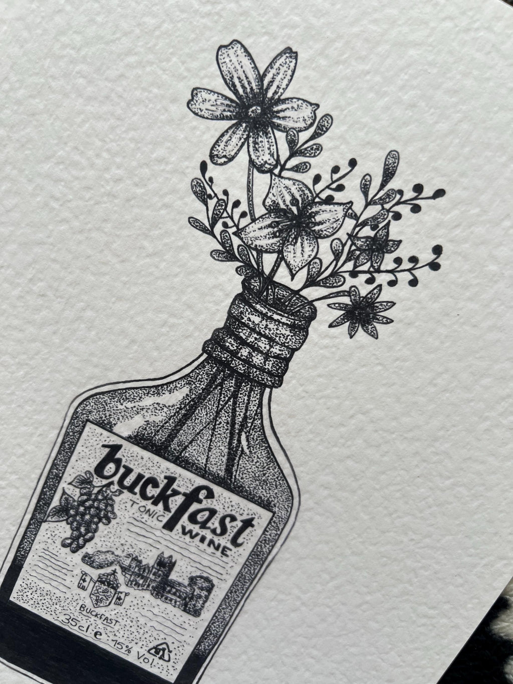 Buckfast Wall Art A4, Scottish Art Print, Black Tattoo Print