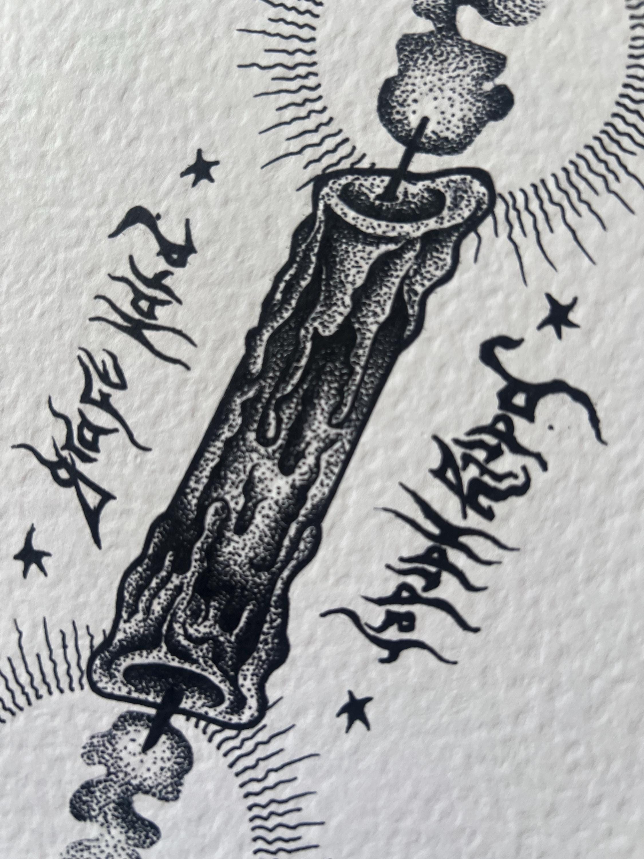Gothic Candle Art Print Illustration, Black Dotwork A4 Poster