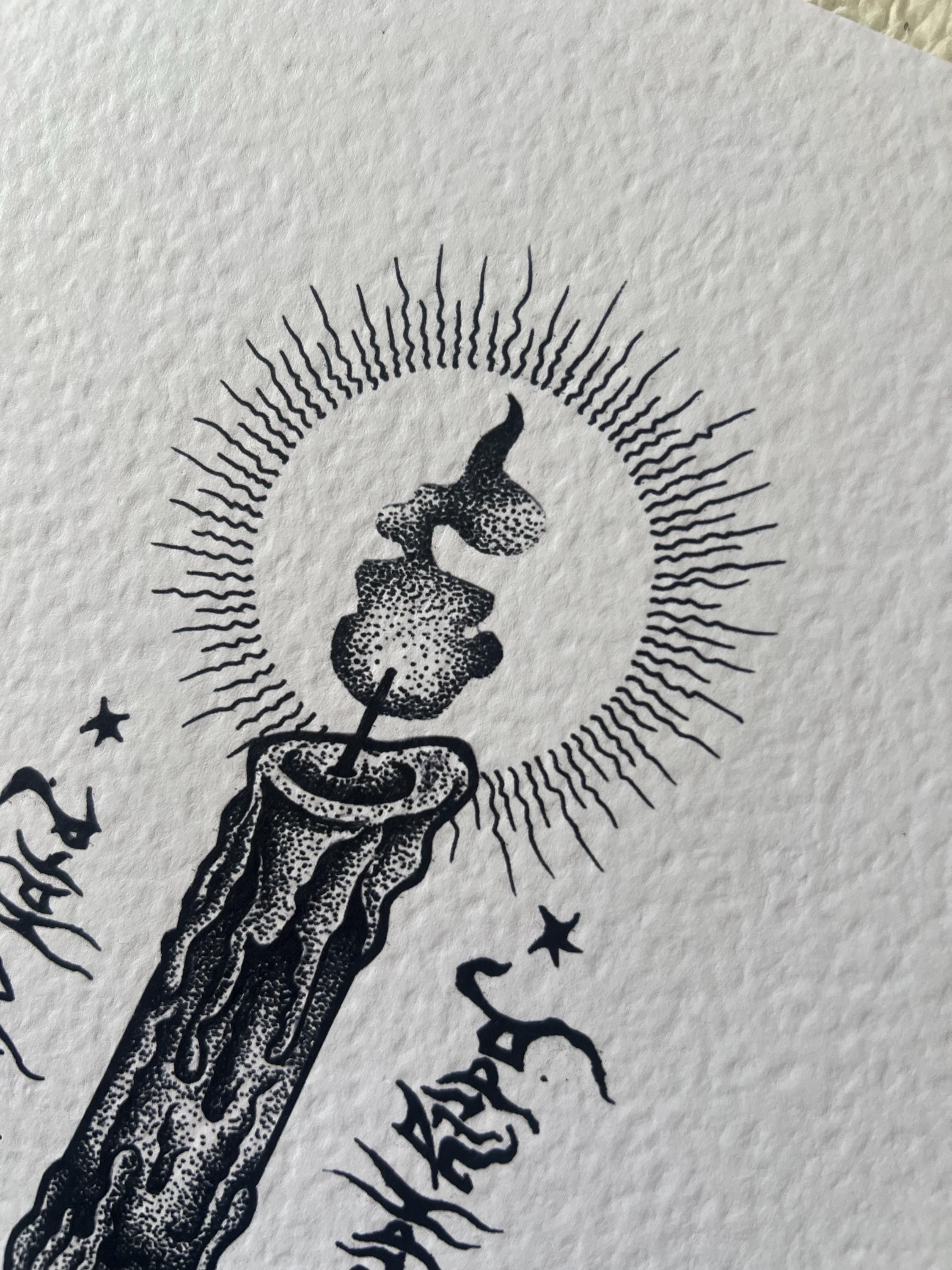 Gothic Candle Art Print Illustration, Black Dotwork A4 Poster