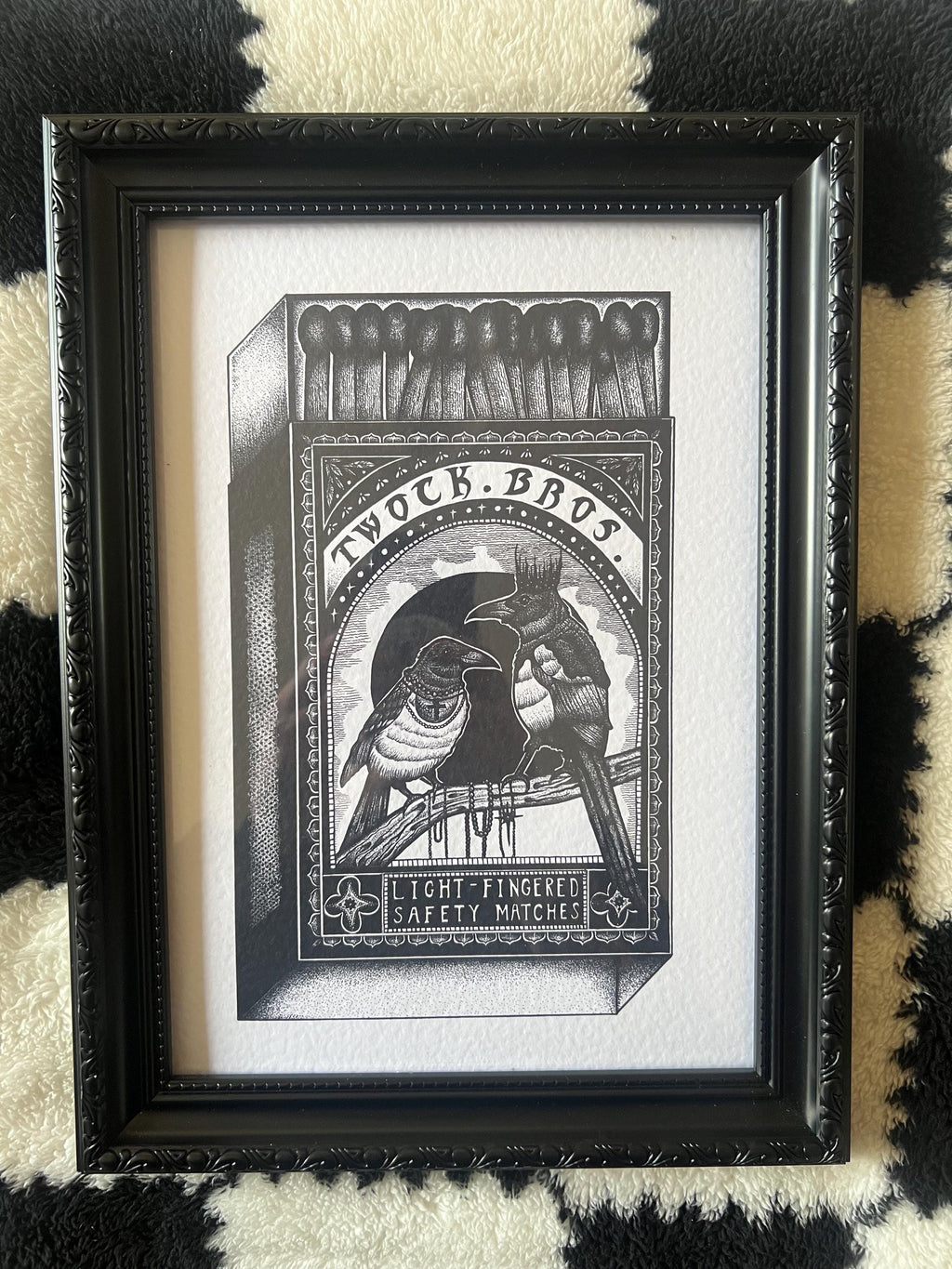 Magpie Art Print, A4 wall art, blackwork dotwork drawing, Matchbox Design