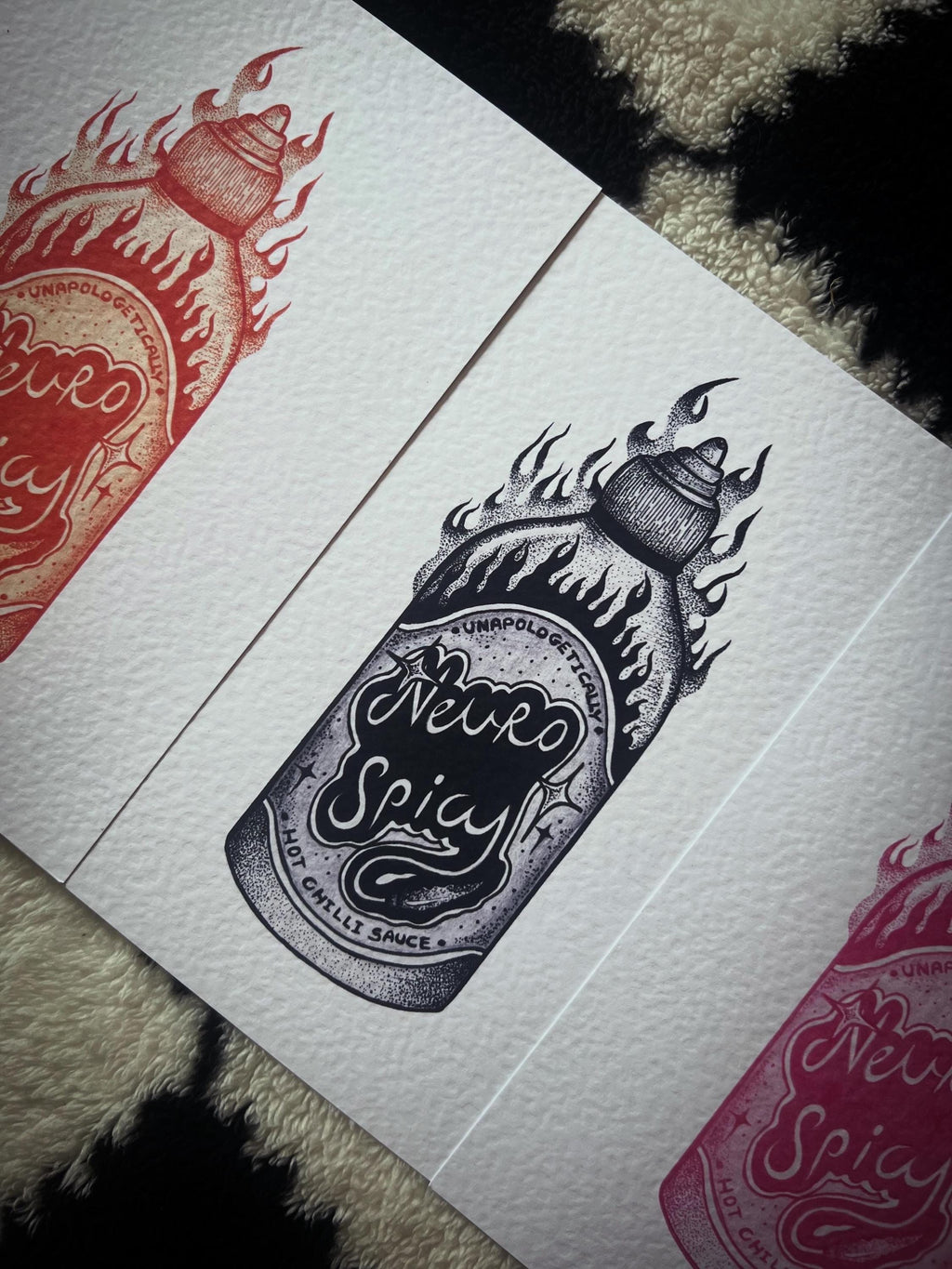 Neurospicy hot chilli sauce print illustration, A5 blackwork dotwork wall art