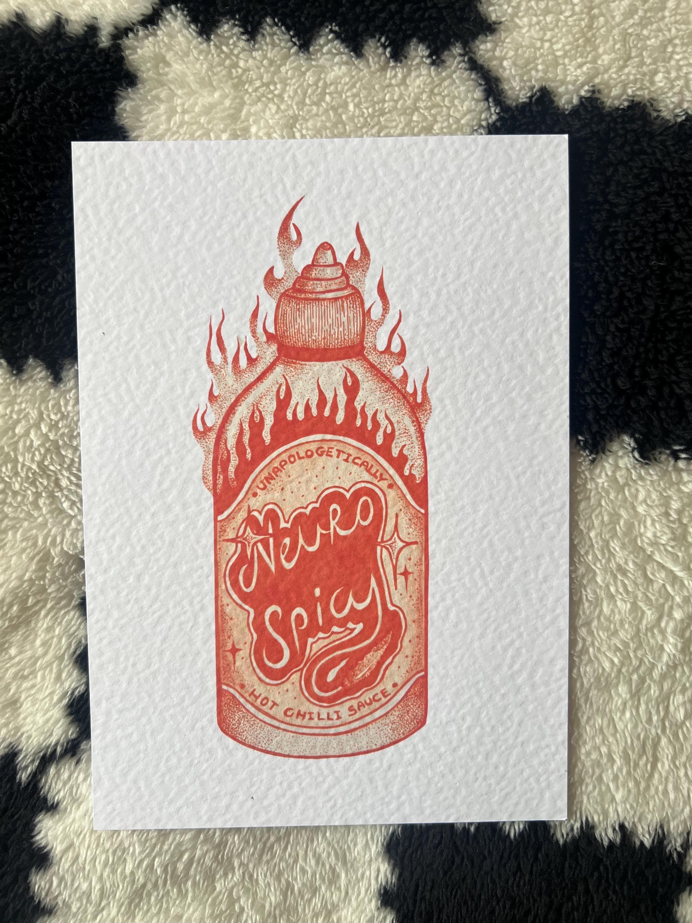 Neurospicy hot chilli sauce print illustration, A5 blackwork dotwork wall art