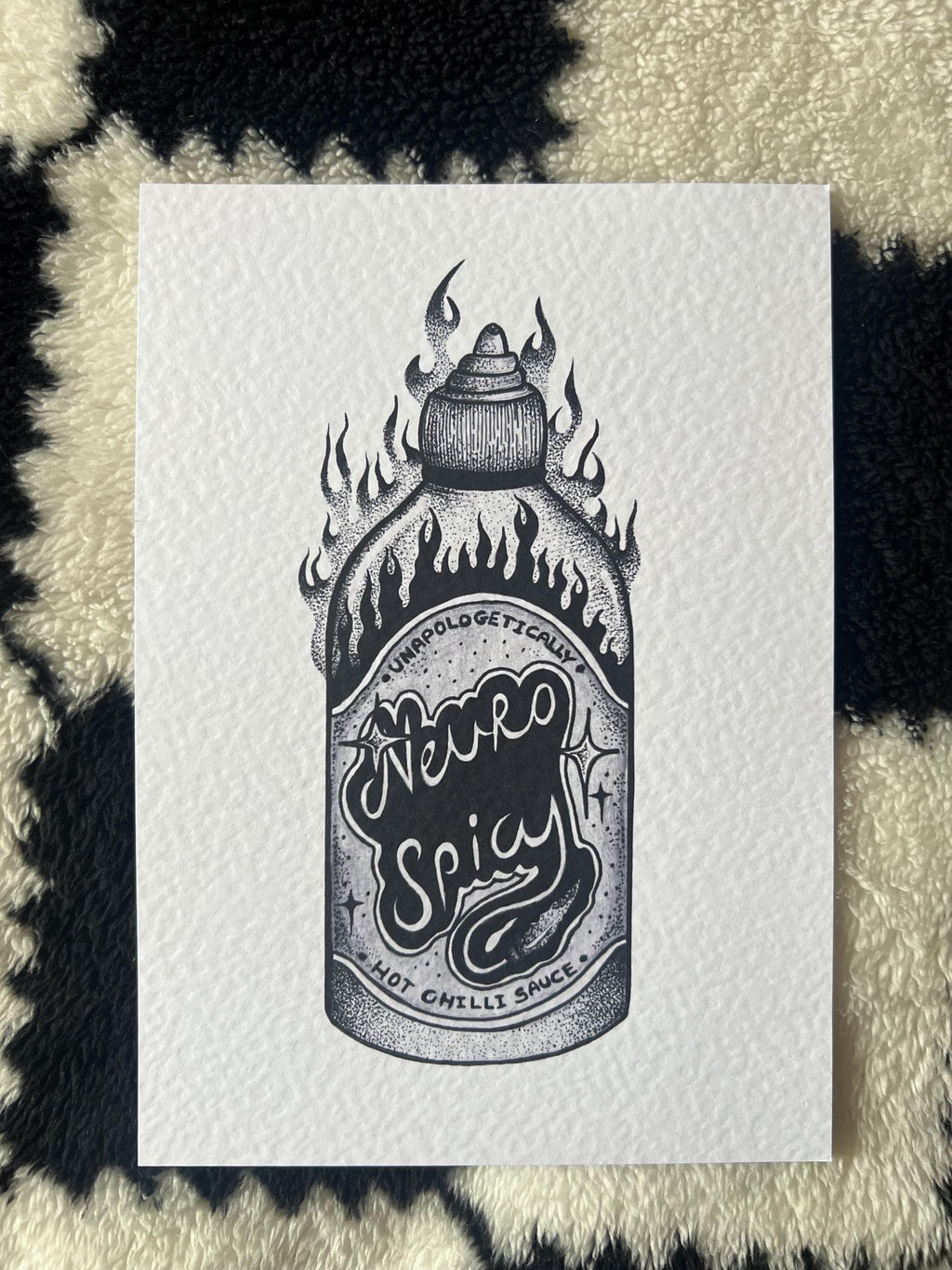 Neurospicy hot chilli sauce print illustration, A5 blackwork dotwork wall art