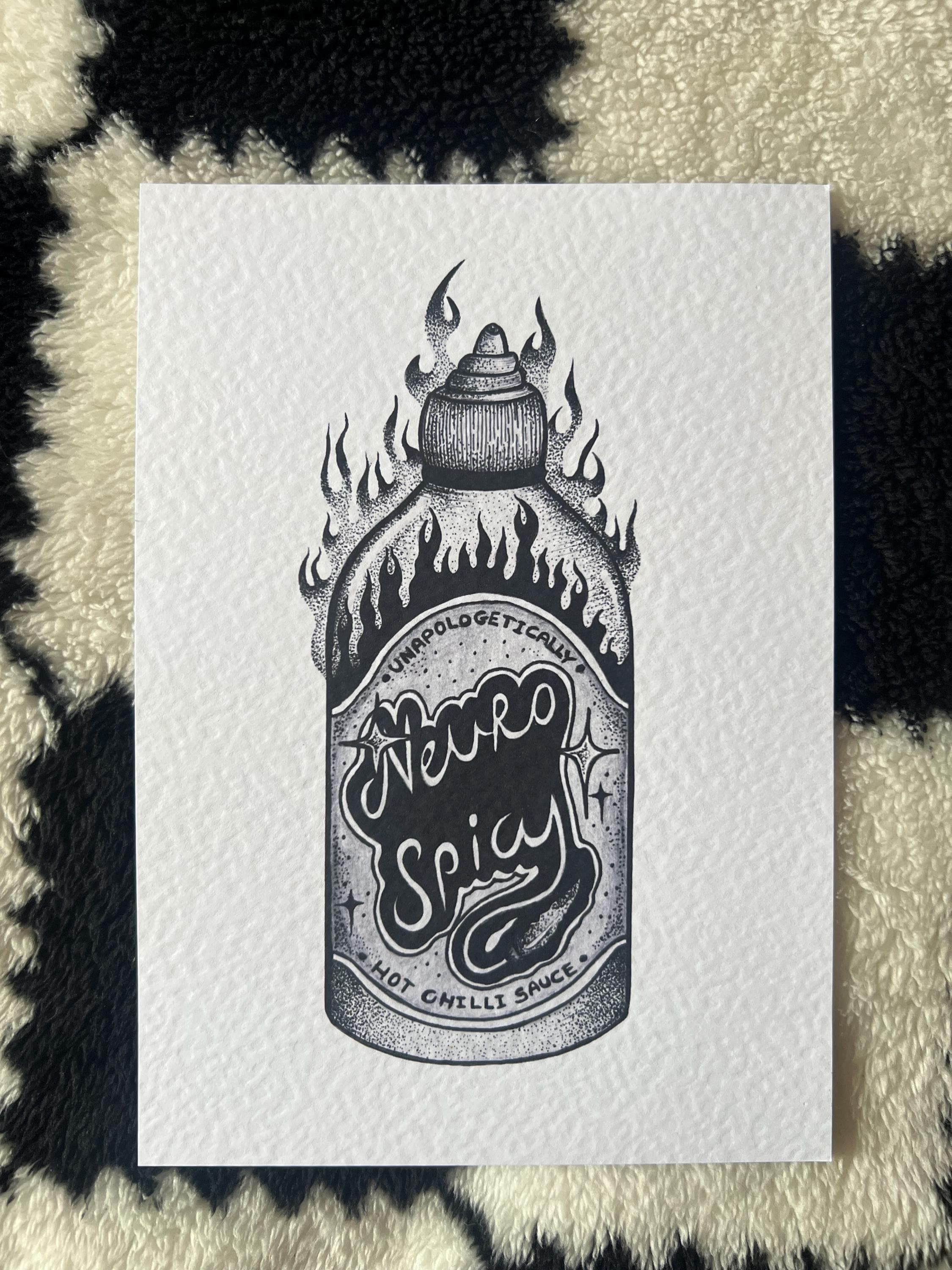 Neurospicy hot chilli sauce print illustration, A5 blackwork dotwork wall art