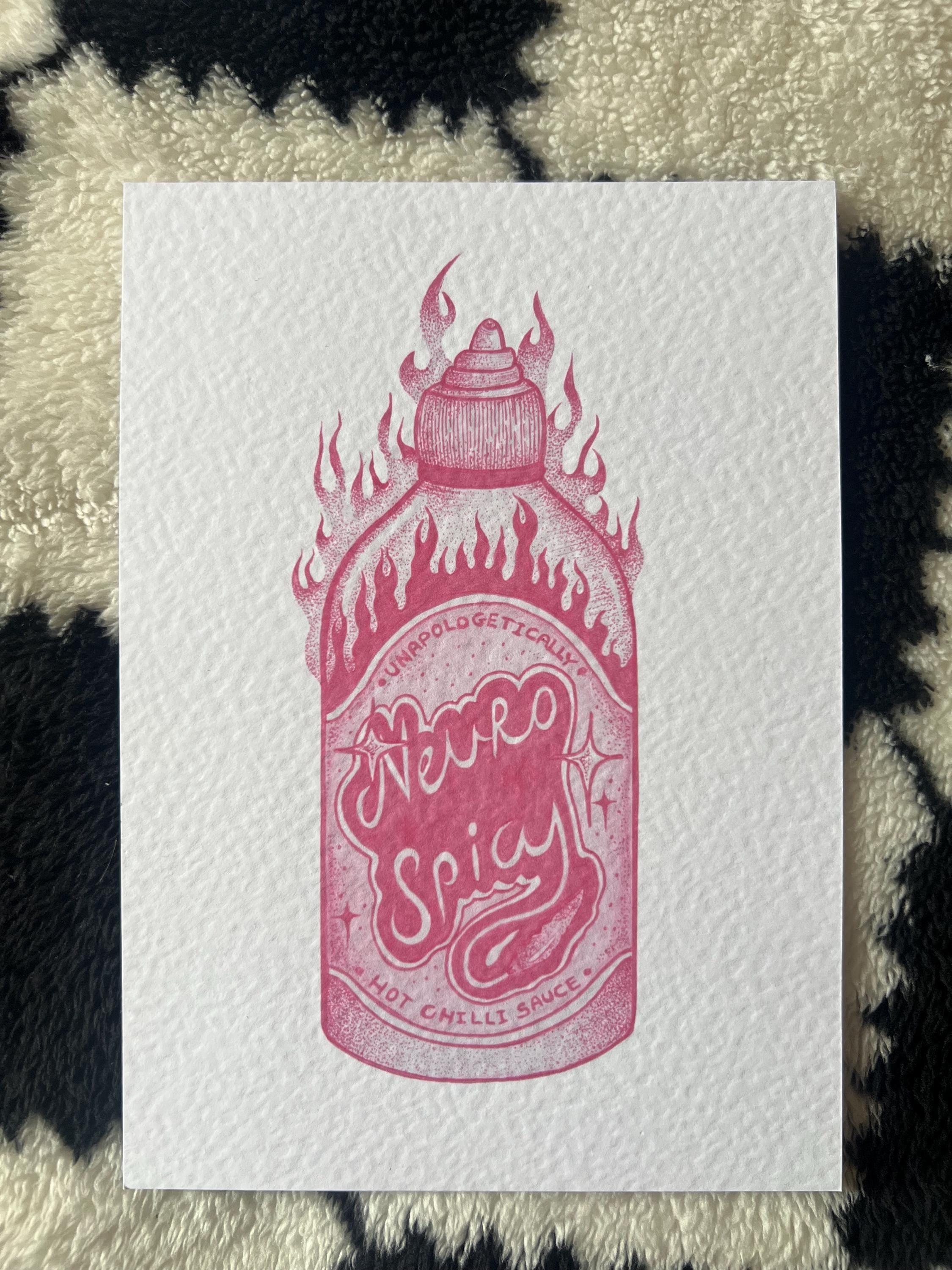 Neurospicy hot chilli sauce print illustration, A5 blackwork dotwork wall art